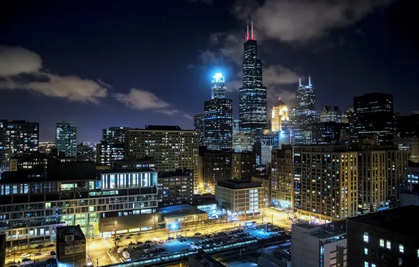 Night, Chicago, Skyscrapers, USA, America, Chicago