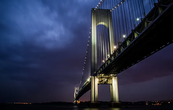 Night, bridge, lights, reflection, new York, Brooklyn, Verrazano-Narrows Bridge