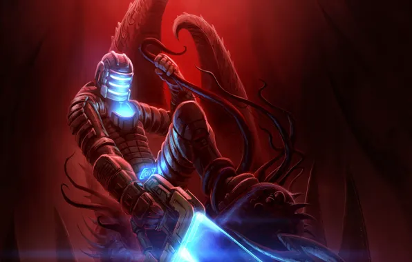 Weapons, soldiers, armor, Dead Space, red background, the tentacles