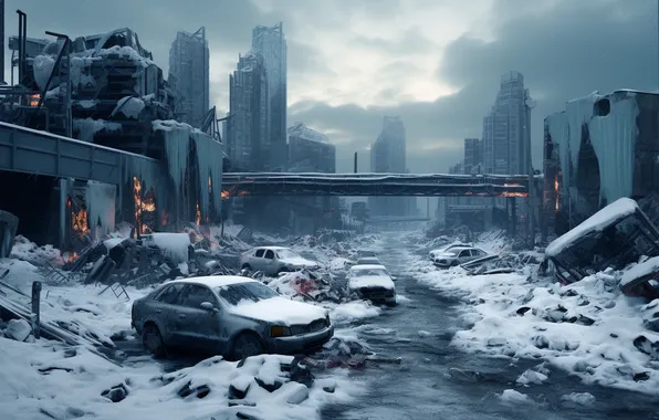 Home, Winter, The city, Snow, Skyscrapers, Apocalypse, Cars, Digital art
