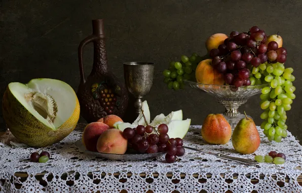 Glass, grapes, pear, still life, peach, melon