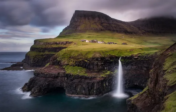 Sea, the sky, clouds, mountains, clouds, rocks, shore, the slopes