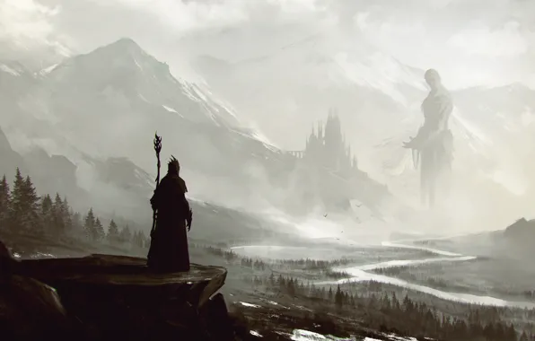 Mountains, The city, River, Monster, Castle, Fantasy, Landscape, Art