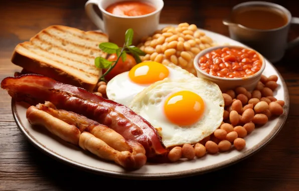 Table, food, eggs, plate, bread, Cup, meat, bowl