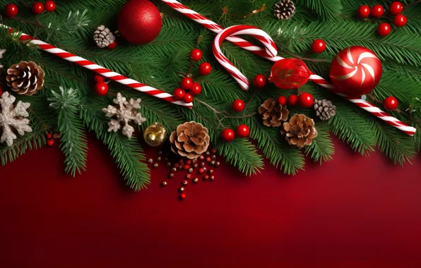 Balls, branches, Christmas, red, New year, needles, bumps, red background