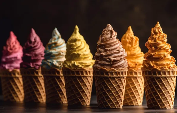 The dark background, ice cream, different, waffle cones, AI art, neural network