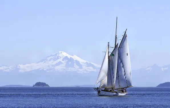 Sea, mountains, the ocean, boat, ship, sailboat, yacht