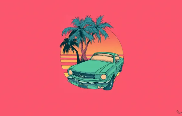 Picture machine, figure, Mustang, Ford, minimalism, Ford Mustang, sunset, Comic Art