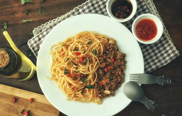 Meat, spaghetti, sauce, pasta