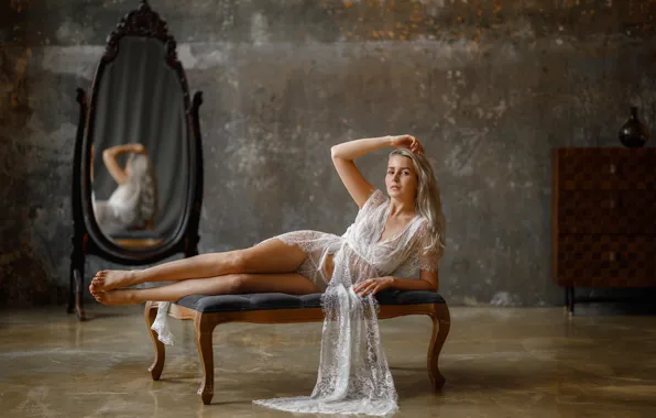 Picture girl, pose, reflection, negligee, mirror, blonde, legs, Sergey Sergeev