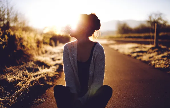 Picture road, girl, pose, silhouette, hairstyle, sitting