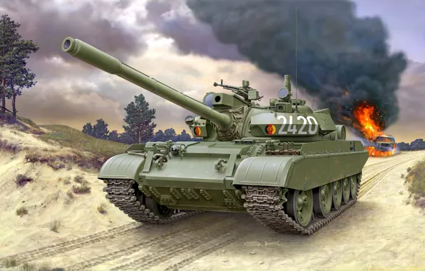 Road, Smoke, tank, Soviet, NVA, Average, DDR, T-55АМ-2B