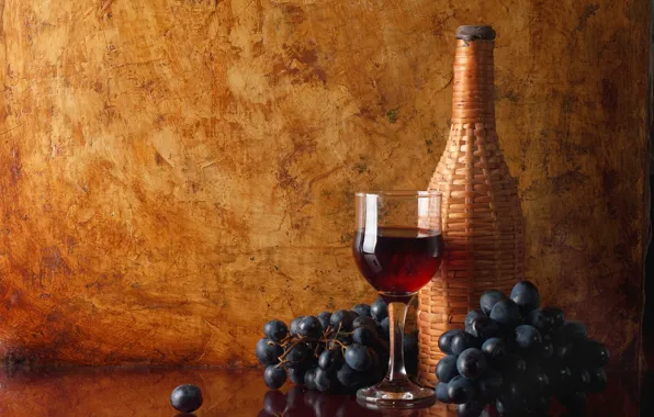 Picture reflection, table, wine, red, glass, bottle, grapes, bunches