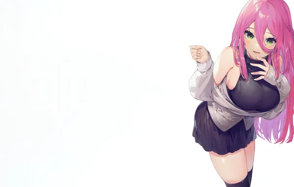 Girl, sexy, blouse, thighhighs, pink hair, green eyes, long hair, boobs