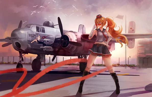 The sky, girl, clouds, birds, the plane, anime, art, glasses