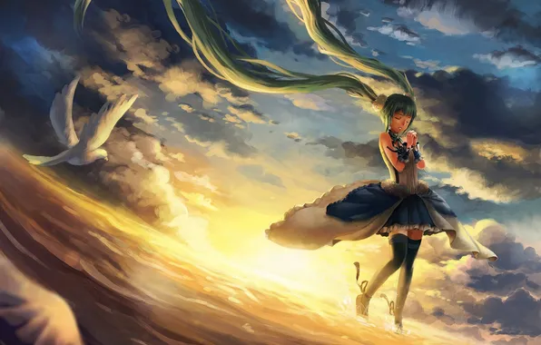 Picture the sky, girl, the sun, clouds, sunset, birds, the ocean, anime
