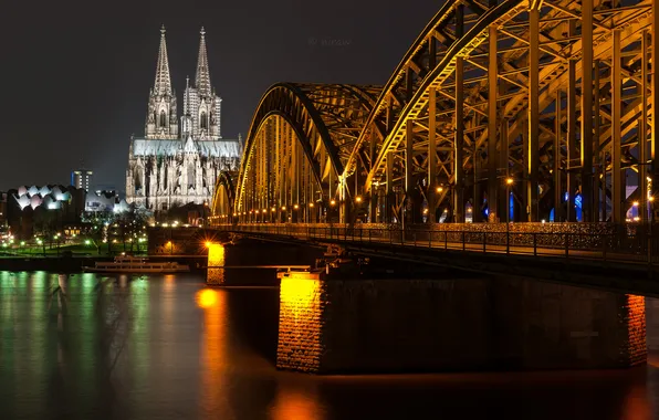 Night, bridge, lights, Germany, Cathedral, Cologne