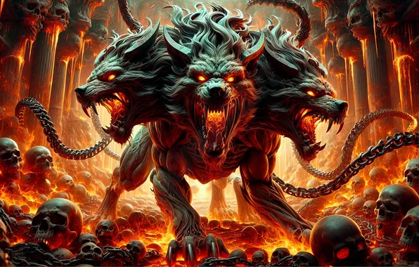 Flame, mouth, bones, skull, chain, Cerberus, the Hellhound