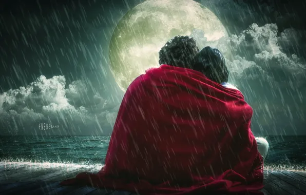 Rain, the moon, romance, feelings, blanket, lovers