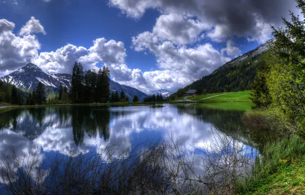 Picture trees, mountains, lake, reflection, Alps, France, Alpes, French Alps