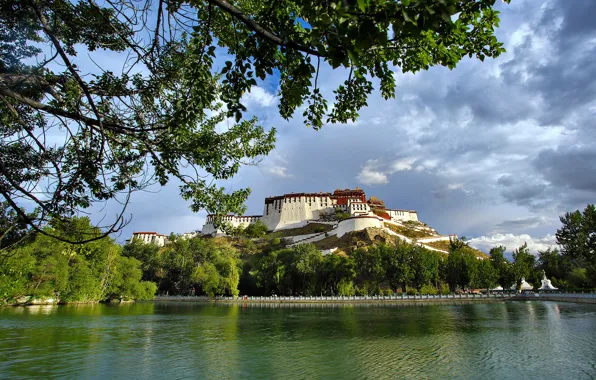 Mountains, lake, Tibet, the monastery