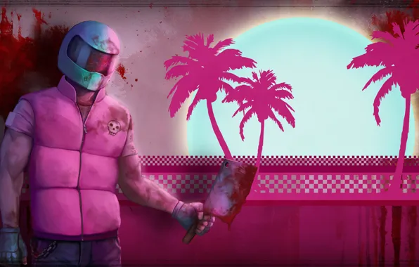 Picture palm trees, blood, helmet, cleaver, Hotline Miami