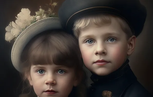 Look, children, portrait, boy, girl, Duo, two children, AI art