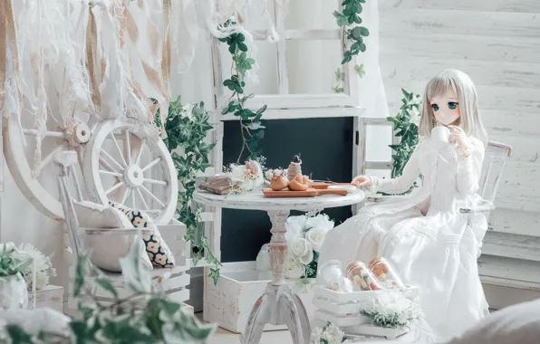 Girl, table, doll, blonde, treat