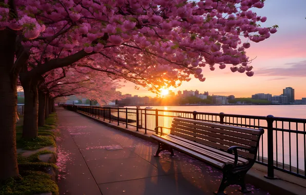 Bench, Park, spring, alley, flowering, promenade, sunset, pink