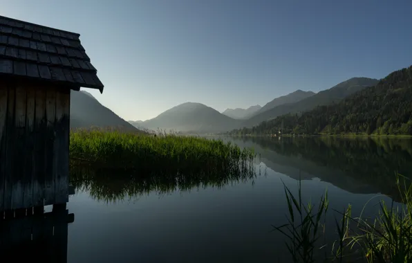 Picture mountains, lake, fisherman, morning