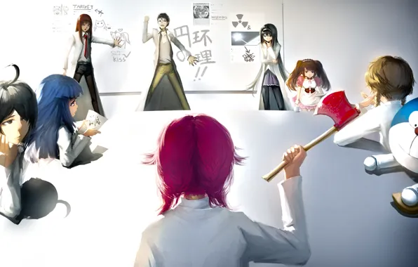 Axe, Art, meeting, mahou shoujo madoka magica, Makise Kurisu, Mirai Nikki, Steins;Gate, Homura Akemi