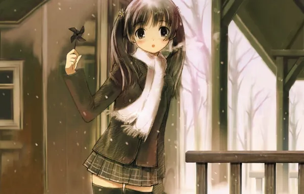Cold, winter, girl, snow, anime, scarf, art, form