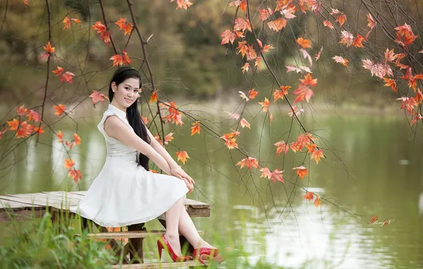 Picture girl, lake, Asian