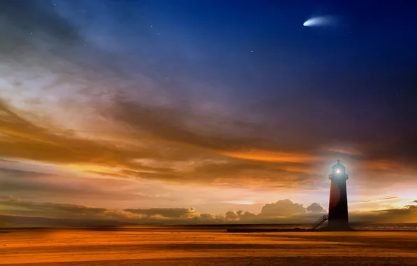 Sea, the sky, stars, lighthouse, the evening