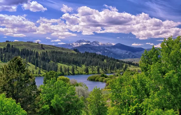 Clouds, trees, mountains, lake, valley, Washington, Methow Valley, Winthrop
