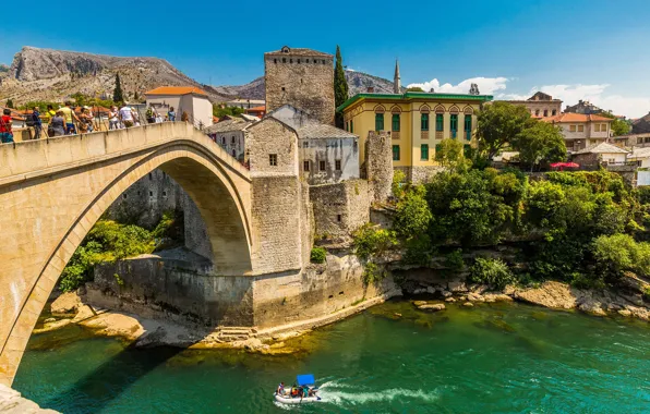 Picture the sun, trees, landscape, mountains, bridge, river, stones, boat