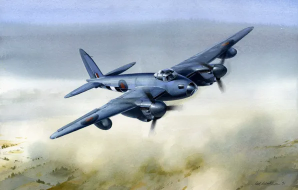 Picture war, art, painting, drawing, ww2, british airplane, de havilland mosquito