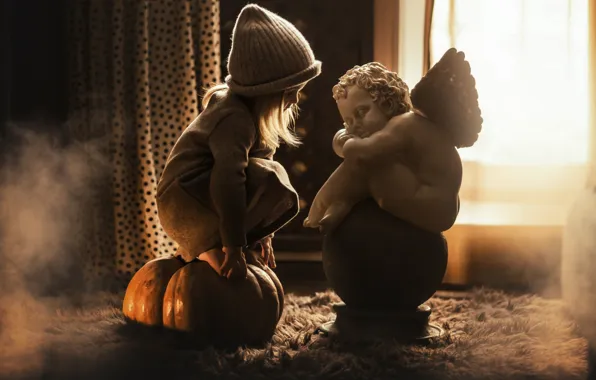 Hat, angel, girl, pumpkin, sculpture
