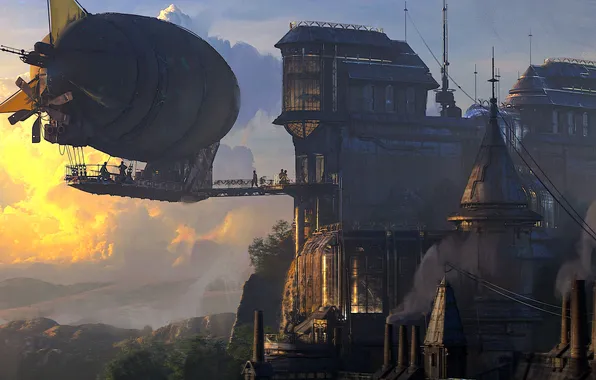 Fantasy, airship, sky, sunset, science fiction, clouds, sci-fi, steampunk