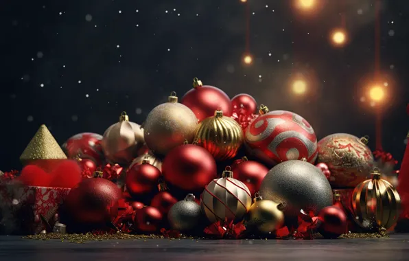 Background, balls, New Year, Christmas, red, golden, new year, happy