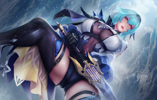 Picture ice, girl, sword, Genshin Impact, turewindwalker, Eula Lawrence