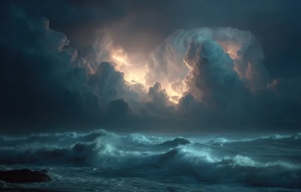 Sea, wave, the sky, landscape, clouds, storm, shore, AI art