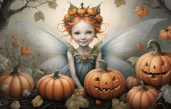 Autumn, wings, fairy, girl, pumpkin, Halloween, Halloween, elf