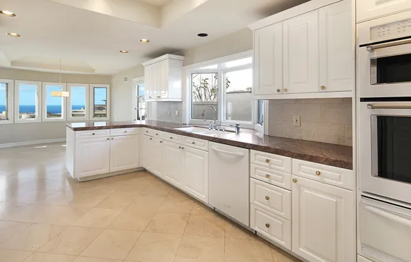House, room, furniture, window, kitchen, cabinets