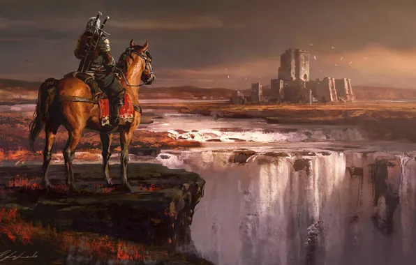 Picture Horse, Night, Waterfall, Forest, Castle, Warrior, Fantasy, Art