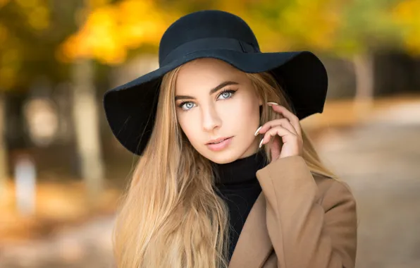 Picture autumn, look, pose, background, model, portrait, hat, makeup