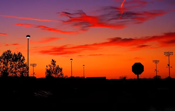 The sky, clouds, sunset, the city, sign, street, silhouette, lights