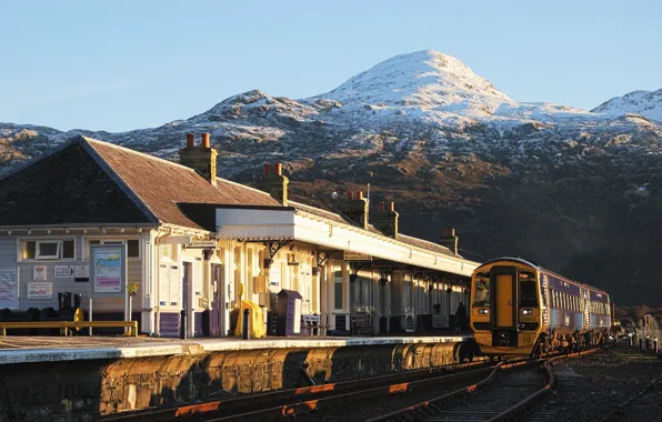 Landscape, nature, winter, mountain, snow, station, train, Scotland