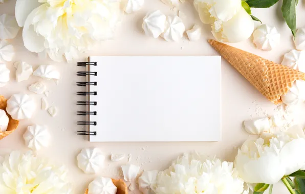 Flowers, ice cream, white, white, horn, flowers, beautiful, peonies