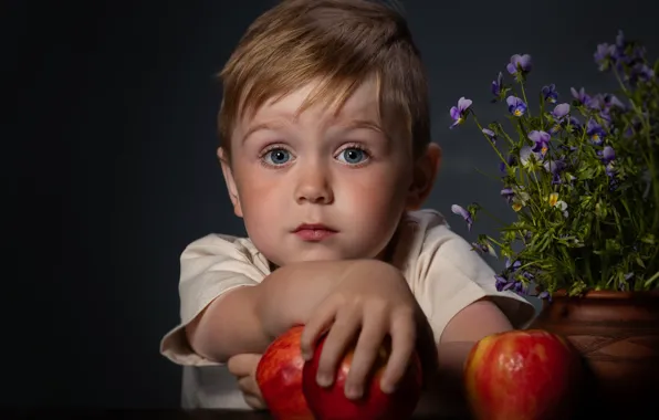 Picture flowers, apples, portrait, boy, child, boy, Alexander Yakimenko